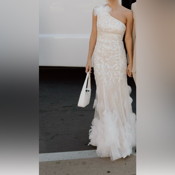 Mac Duggal beaded strappy one shoulder petal mermaid gown - Picture 2 of 2